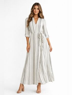 DownEast Striped Wrap Maxi Dress XS Neutral Tie Waist Elastic Waist